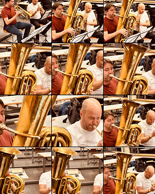 Two musicians playing trumpet and tuba during an indoor live session