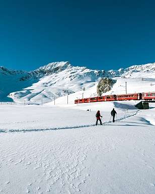 Zwei Schneeschuhwanderer in einer verschneiten Berglandschaft, dahinter ein roter Zug der Rhätischen Bahn vor schneebedeckten Gipfeln und blauem Himmel