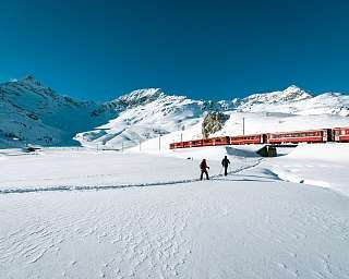 Due escursionisti con le ciaspole nella zona innevata del Bernina vicino a Pontresina, sullo sfondo il Trenino rosso e le cime soleggiate dell'Engadina.